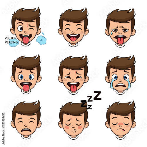 Cartoon Boy Face Showing Emotions and Actions like Tongue Out, Crying, Sleeping Set