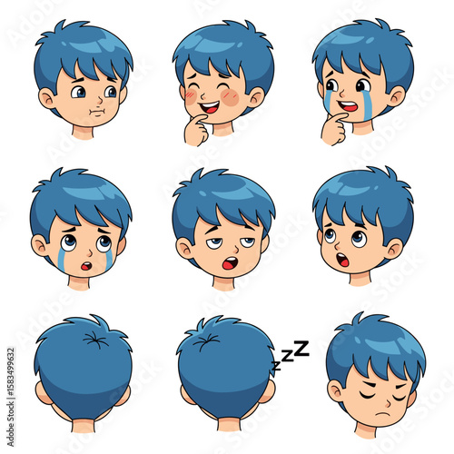 Cartoon Boy with Blue Hair Expressions and Views Set