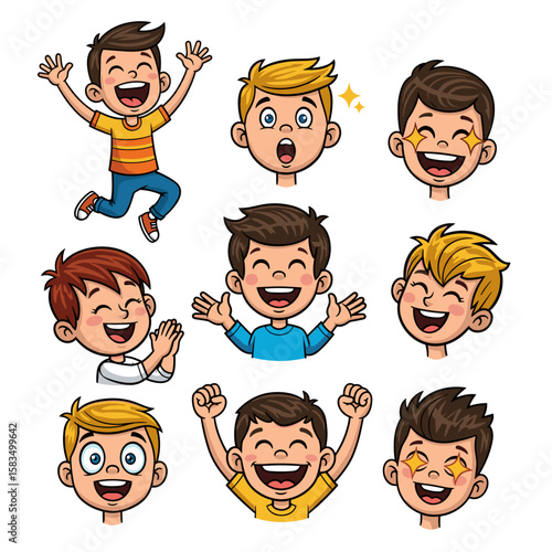 Set of Cartoon Boy Characters Showing Expressions and Actions like Jumping, Cheering, Braces