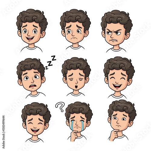 Cartoon Boy with Curly Brown Hair Showing Variety of Expressions Set