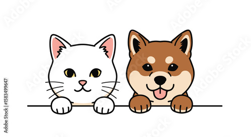 Cute white cat and happy shiba inu dog peeking over a line together