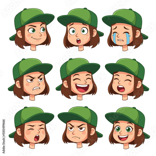 Cartoon Girl with Green Cap Showing Various Emotions Set