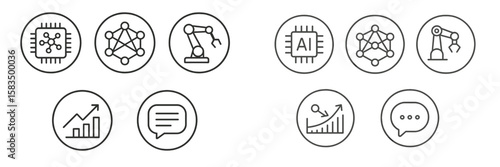 Exploring technology and innovation through simple line icons depicting AI, robotics, and data analysis concepts