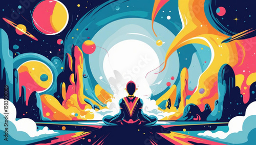 Cosmic meditation and spiritual journey in a vibrant, psychedelic universe