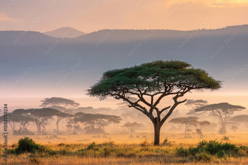 Obraz premium Majestic acacia tree stands alone in golden grassland at sunrise, with misty mountains beyond