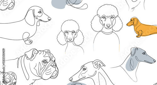 Charming collection of dog breed portraits in artistic sketch style with abstract color accents