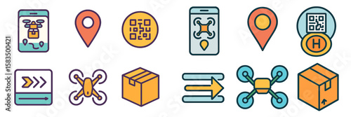Drone technology icons featuring delivery, location services, and QR codes for modern logistics solutions