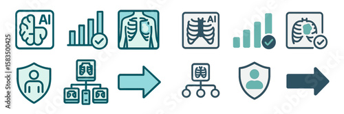 Icons representing artificial intelligence applications in healthcare and data analysis related to medical imaging and patient management