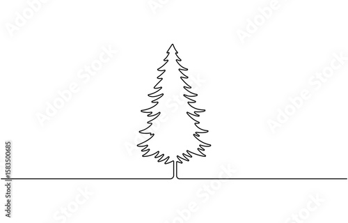 Hand drawn Christmas tree outline doodle vector. Continuous one black line drawing of Merry,  tree doodle design vector, Continuous line drawing of Christmas Tree. Single line Christmas Tree icon.