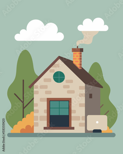The peace and quiet of a stone cottage interrupted only by the sound of a laptop fan running as it sits on a solid stone windowsill.. Vector illustration