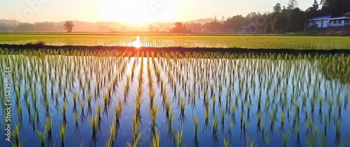 Sunrise over flooded rice paddy field
