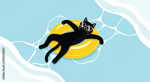 Cool cat lounging on a yellow float in a refreshing blue swimming pool wearing stylish sunglasses