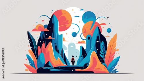 Explorer discovering a vibrant and surreal new world
