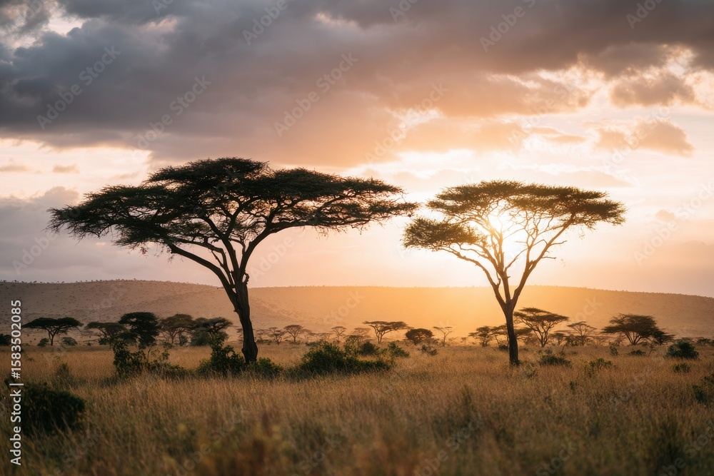 Obraz premium Majestic sunset over African savannah with acacia trees silhouetted against the horizon
