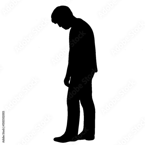 Discover a poignant silhouette of a sad man standing with head down. Perfect for mental health campaigns, emotional art, and therapy designs. High-quality vector art with a minimalist, expressive styl