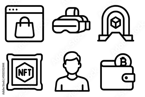 Exploration of digital marketplace icons highlighting virtual reality, NFTs, blockchain, and cryptocurrency concepts