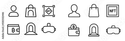 Digital icons representing blockchain technology, cryptocurrency, and virtual reality experiences in modern design