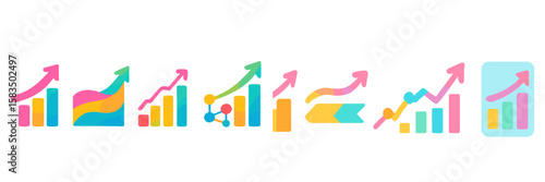 Colorful graphical representations of data trends and growth displayed on a white background, showcasing various upward trajectories