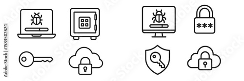 Security icons illustrating digital protection measures, software vulnerabilities, and data encryption strategies