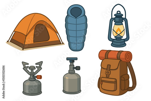 Essentials for camping adventure including tent sleeping bag lantern and backpack gear