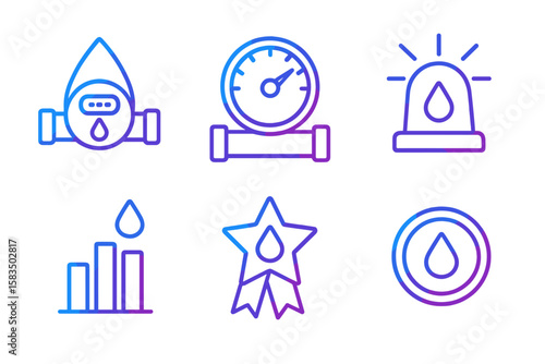Colorful vector icons depicting water issues, management, and monitoring tools for environmental awareness and conservation efforts