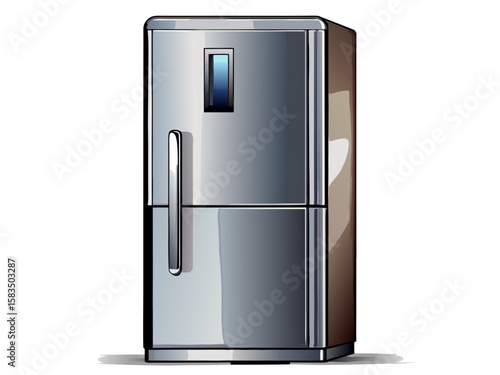 Realistic high-quality stainless steel refrigerator door, isolated on white background. Modern kitchen appliance with clean surface, minimal handle design, and subtle reflections. Vector illustration.