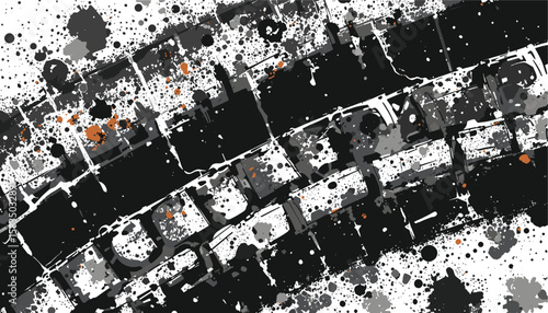  Abstract depiction of a tire's tread pattern with splattered ink accents, featuring bold black, gray, and hints of orange hues. Ideal for automotive themes or textured artistic backgrounds