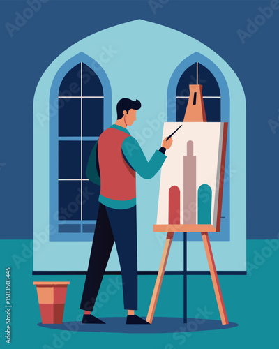 In a tower room with high arched windows the freelancer sets up their easel painting a portrait of the castles majestic architecture.. Vector illustration
