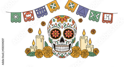 Day of the dead celebration skull and candles festive decorations