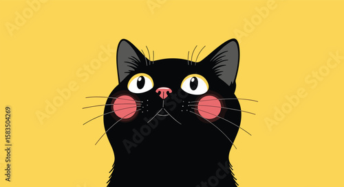 Adorable black cat with big yellow eyes and pink cheeks looking upwards on a bright yellow background