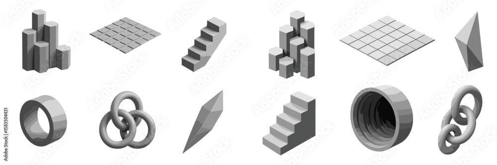 Fototapeta premium Abstract geometric shapes in grayscale arranged in various formations, showcasing 3D design and spatial relationships
