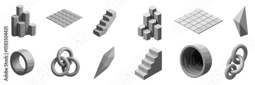 Abstract geometric shapes in grayscale arranged in various formations, showcasing 3D design and spatial relationships