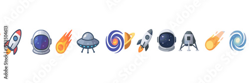 Creative space-themed icons showcase rockets, planets, and extraterrestrial elements in a playful design