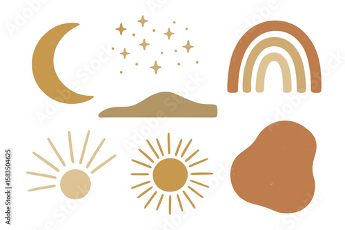 Illustrative designs featuring celestial and natural elements, including moon, stars, rainbows, and sun rays