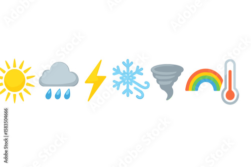 Weather icons representing various climatic conditions and phenomena in a colorful display on a white background