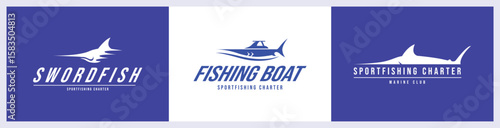 simple and minimalist logo design, silhouette of swordfish and fishing boat for sportfishing logo, boat rental, fishing charters and boat companies.