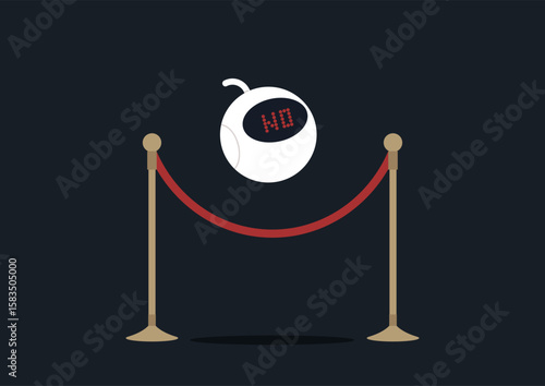 Gate keeping concept, a robot bouncer with a digital display reads NO, ensuring only approved guests enter an exclusive venue surrounded by elegant velvet ropes, creating an intriguing atmosphere