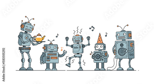 Robotic companions enjoying a cheerful tea party celebration together