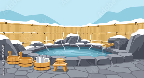 Relaxing pixel art onsen scene surrounded by natural beauty and tranquil snow