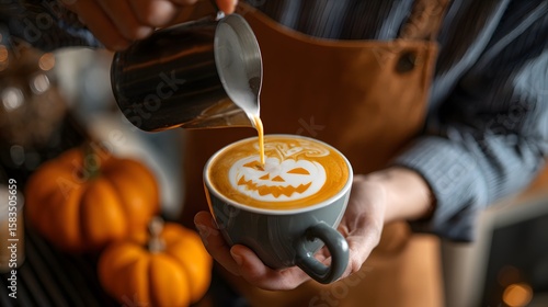 A delicious halloween-themed coffee drink with artistic latte art