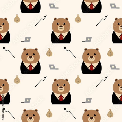 Bear in suit cartoon so cute. On arrow notebook money bag background. Pattern seamless vector illustration. 
