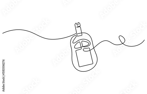 Continuous one line drawing of diabetes equipment's. Medical health care concept, One continuous line drawing of Blood glucose meter test illustration. glucometer pharmacy equipment outline.