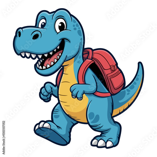 A cartoon dinosaur is going to school with a red bag, drawing a T-rex dinosaur animal.
