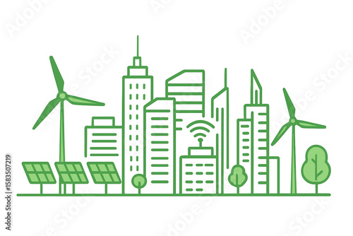 Modern green cityscape with wind turbines and solar panels promoting renewable energy initiatives