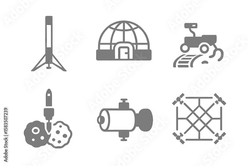 Various space exploration icons depicting a rocket, dome structure, rover, excavation tools, engine, and drone elements in a simple design