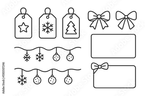 Decorative holiday gift tags and bows featuring festive elements for celebrations