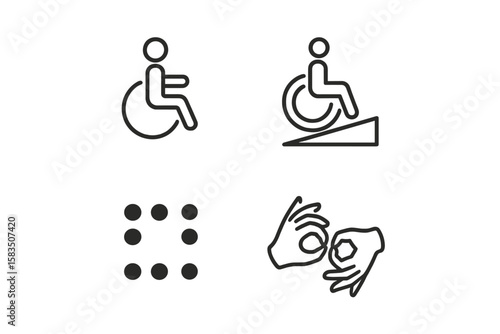 Accessibility symbols representing mobility aids and assistive technologies for individuals with disabilities across various contexts
