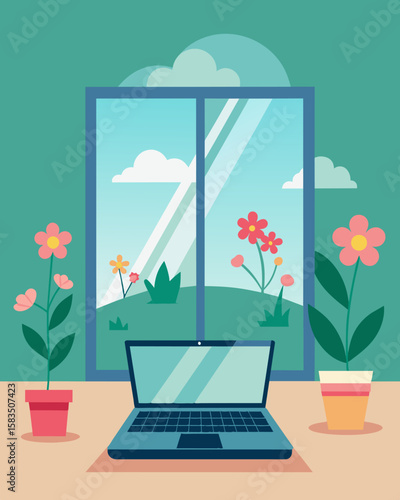 The laptop was p on a windowsill offering a peaceful view of the blooming flowers outside while working in the comfort of the greenhouse.. Vector illustration