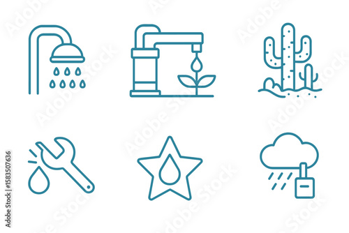 Illustration of water-related icons depicting shower, irrigation, cacti, tools, and weather elements in a simplistic design
