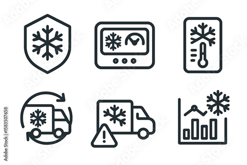 Visual representations of cold chain logistics tools used for temperature-sensitive goods transport and storage